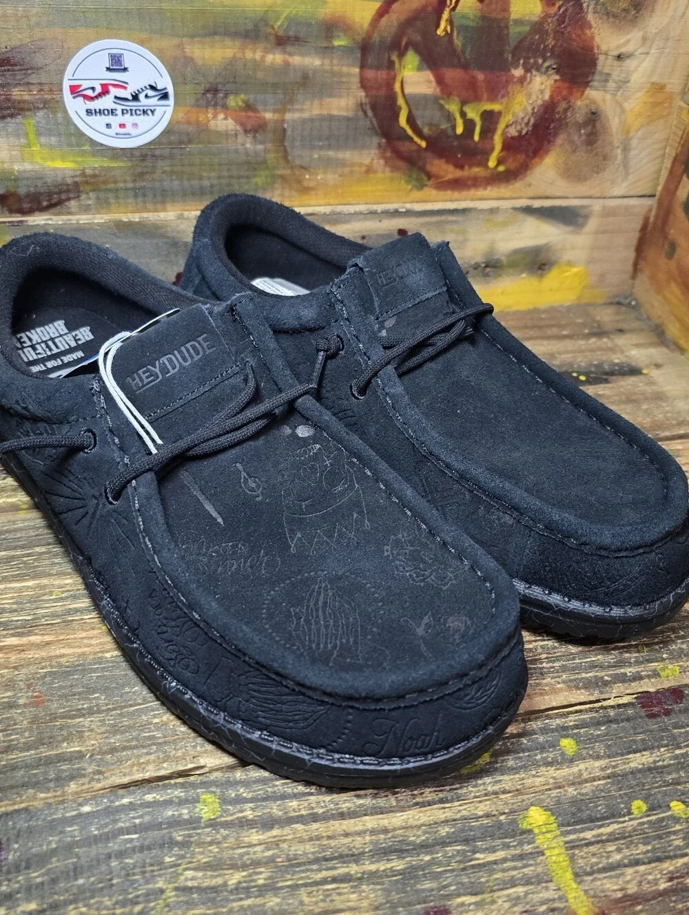 Hey Dude Wally Jelly Roll Men's Size 9 Black Suede Tattoo Loafers 44964-060 NEW